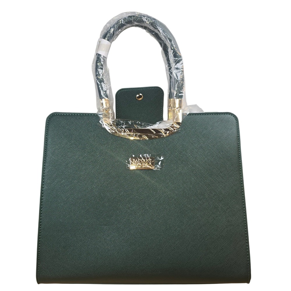BMNY Badgley Mischka New York Louise Saffiano Satchel Purse Forest Green Gold